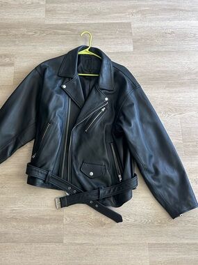 Flask Black Leather Moto Jacket with Belt